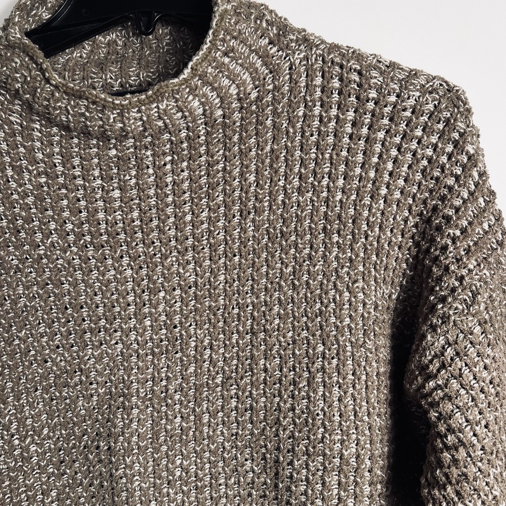 American Eagle Womens Lg Textured‎ Mock Neck Sweater  Tan White Chunky Knit READ